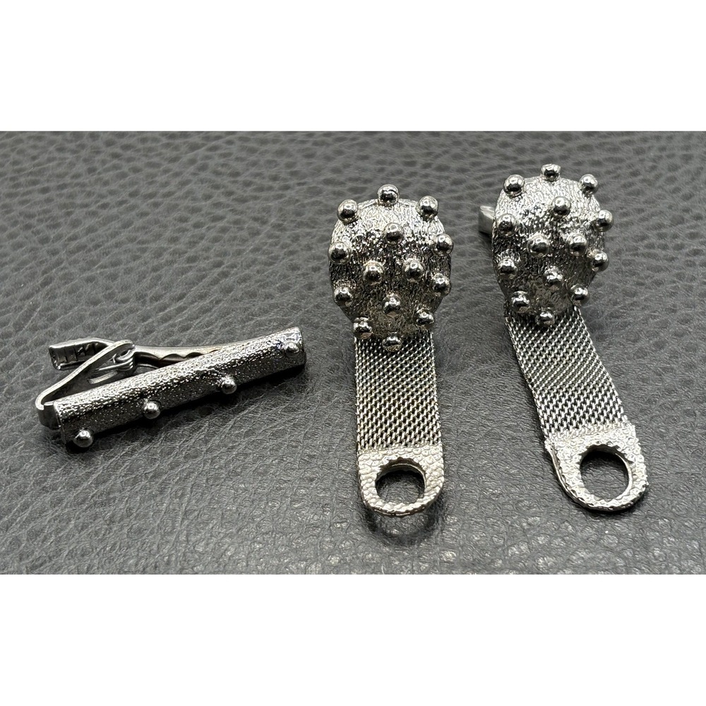 VTG Modernist Atomic MCM Stud Mesh Wrap Cufflinks Tie Clip Set Silver Tone